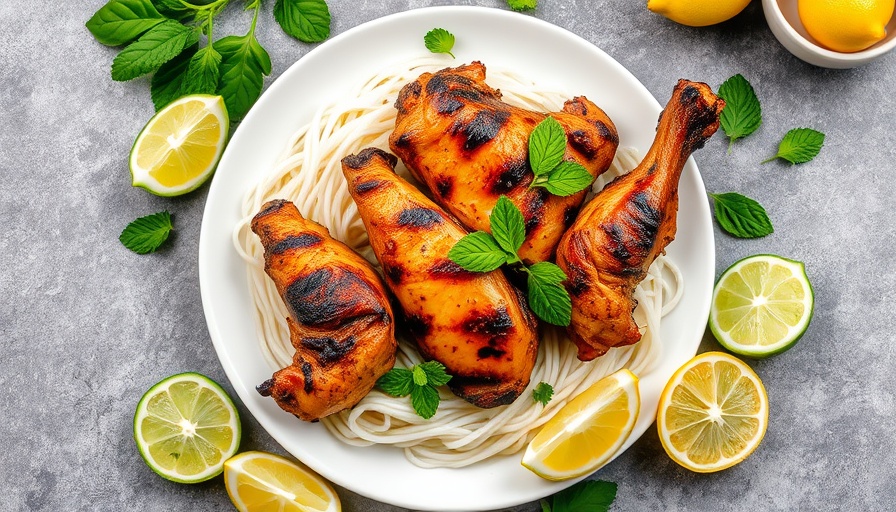 Lemongrass chicken recipe with rice noodles and fresh herbs on plate.