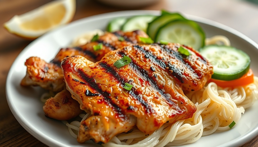 Grilled lemongrass chicken with rice noodles and fresh garnishes.