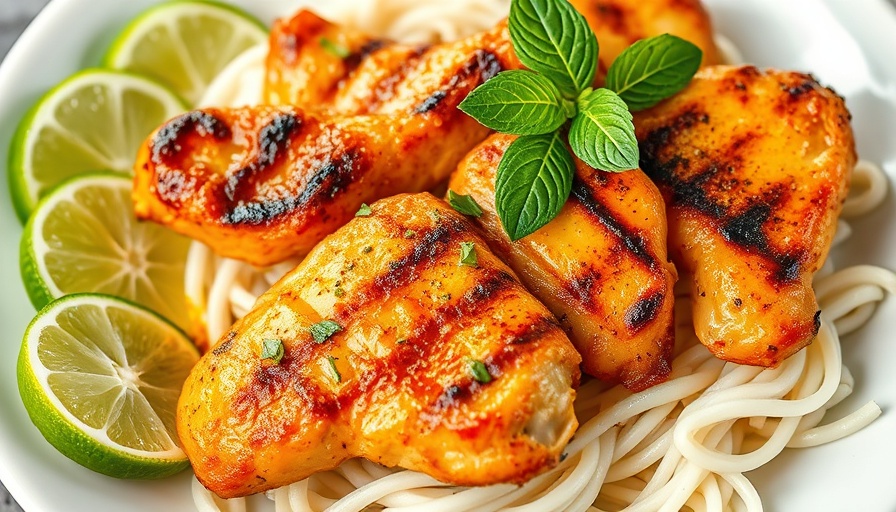Grilled lemongrass chicken with noodles and lime slices