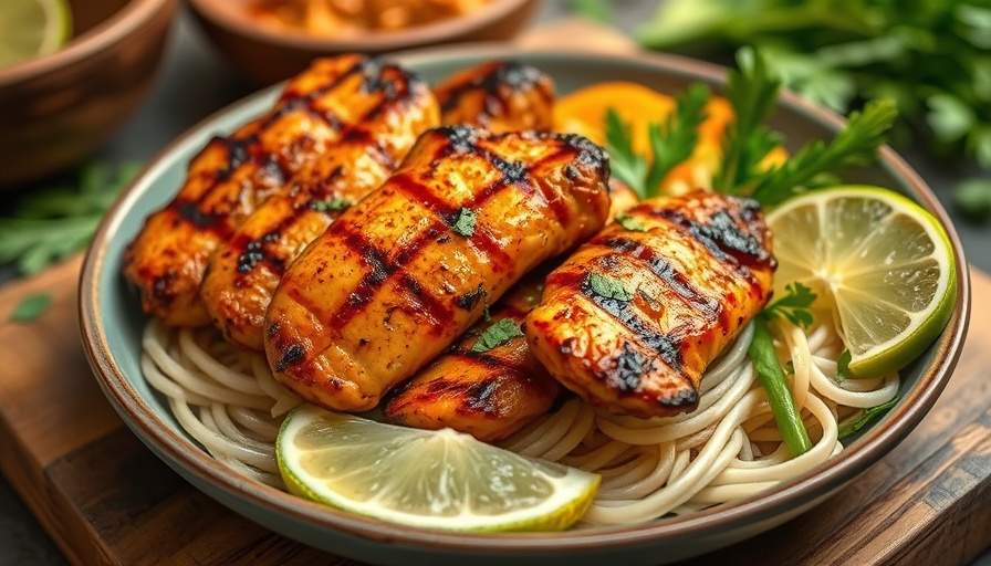 Grilled lemongrass chicken served with noodles and lime.