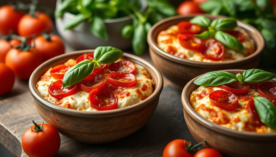 Cottage cheese pizza bowls in rustic kitchen, topped with basil and pepperoni.