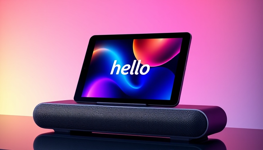 Colorful smart home hub illustration with 'hello' text on tablet.
