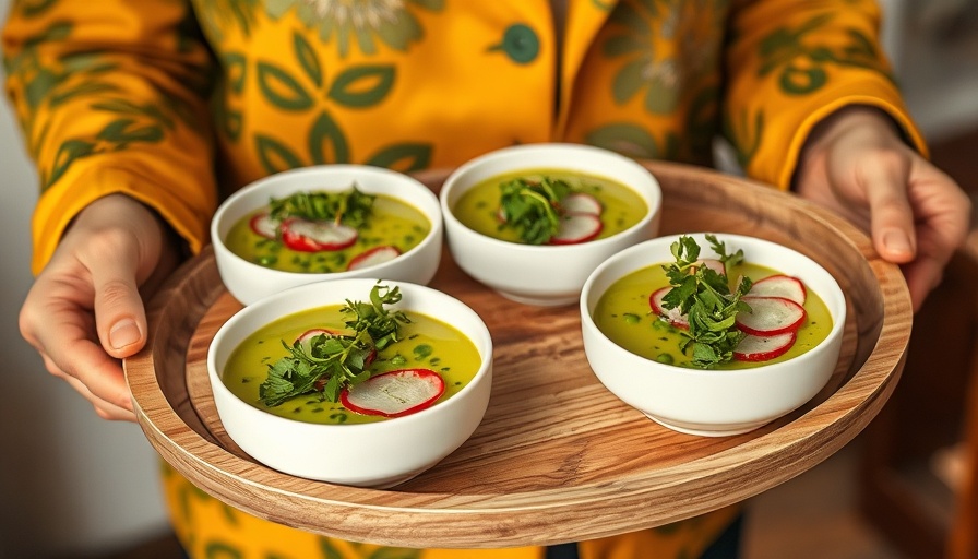 Spring Pea Gazpacho Recipe in white bowls with fresh greens.