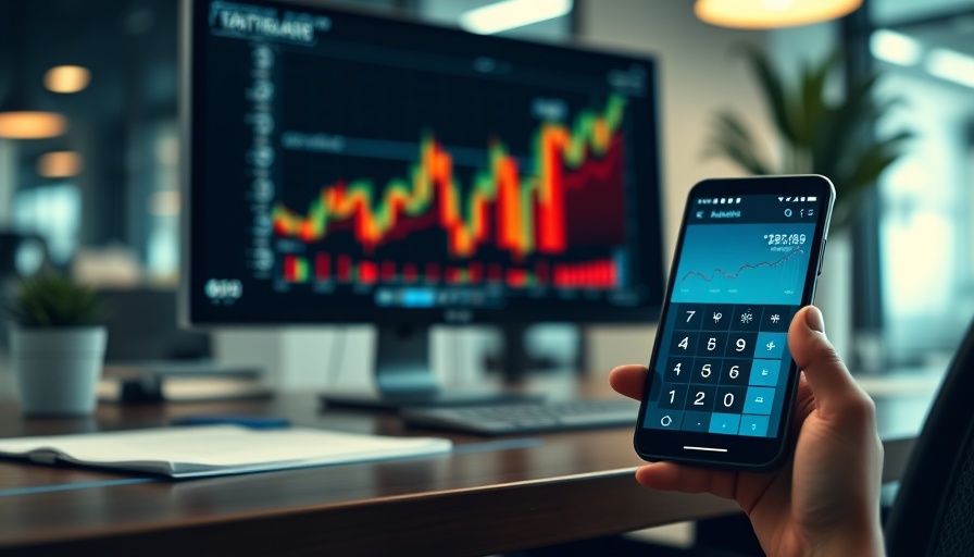Modern office desk with financial charts and iPhone calculator app.