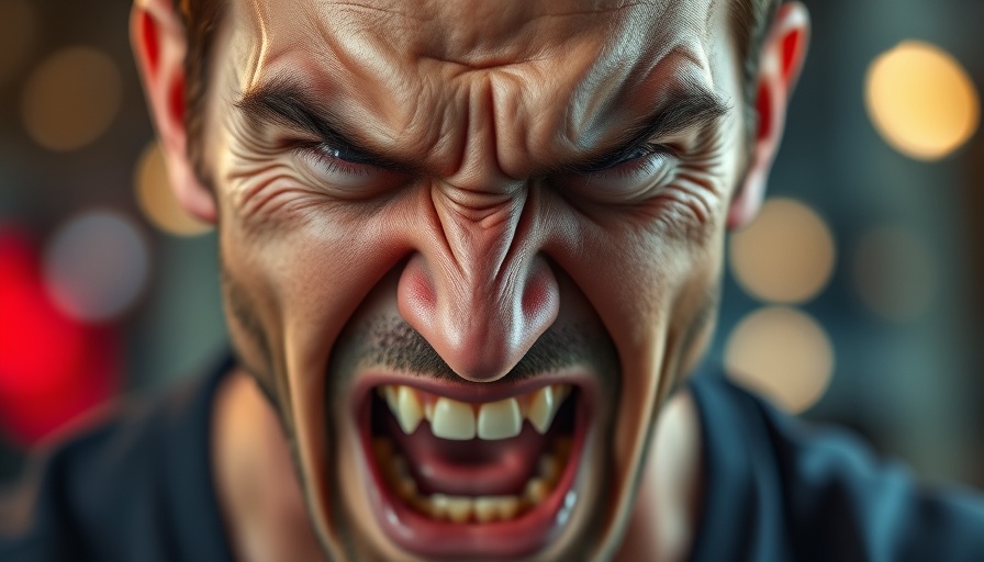Intense man's scowling face in focus, dynamic expression.