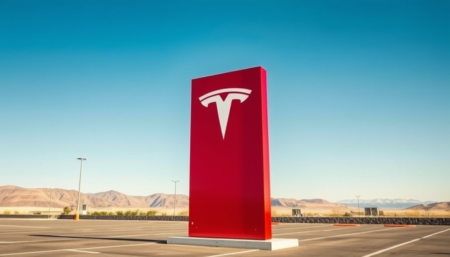 Tesla sign in open parking lot with blue sky and hills.