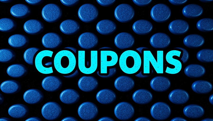 Bold 'Coupons' text on a geometric blue and black background.