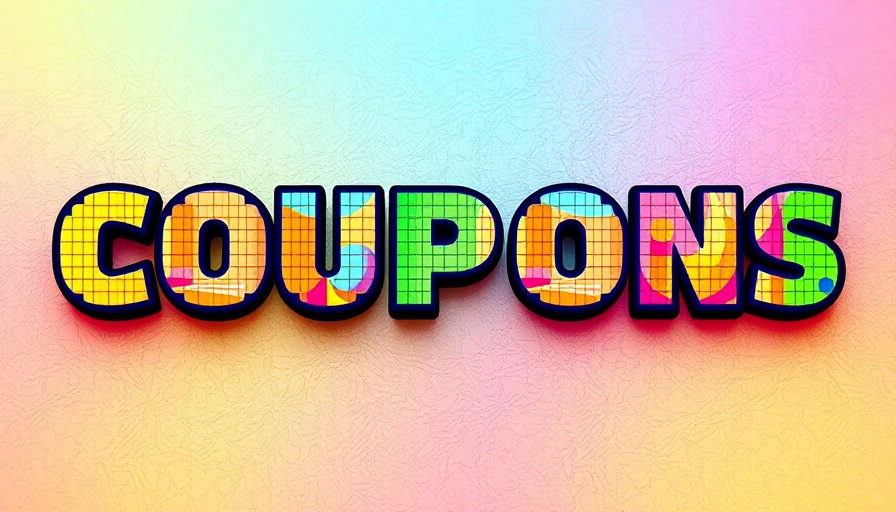 Colorful 'COUPONS' text in pixelated style, abstract vibrant background.