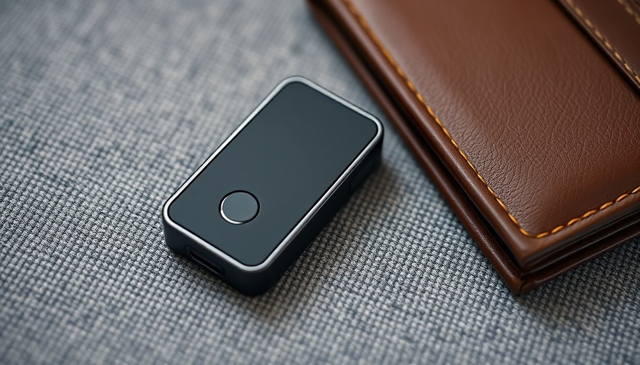 Sleek SwitchBot Wallet Finder next to leather wallet on fabric surface.