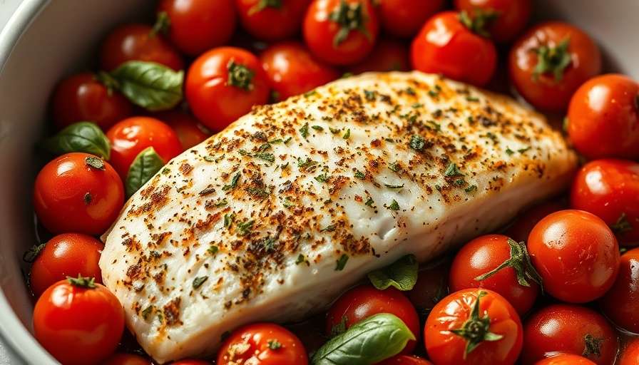 Flaky baked cod with roasted tomatoes, garnished with herbs in a dish.