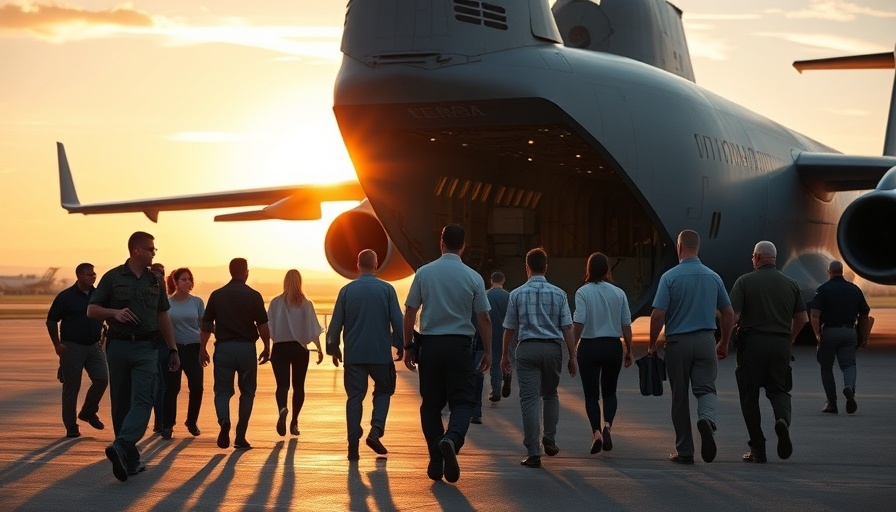 Group boarding plane for third-country deportations at sunset.