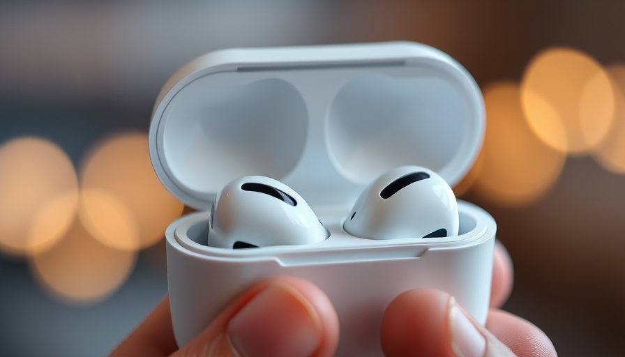 Close-up of AirPods case held by hands against soft lights.