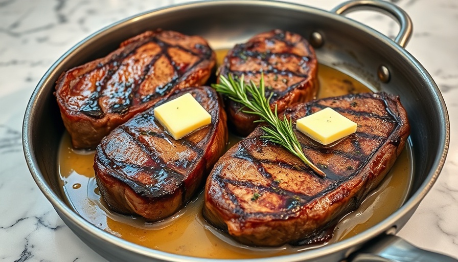 Cooked steaks with butter and herbs in a skillet