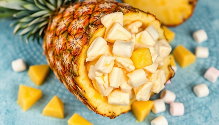 Pineapple fluff served in fresh pineapple, surrounded by marshmallows.