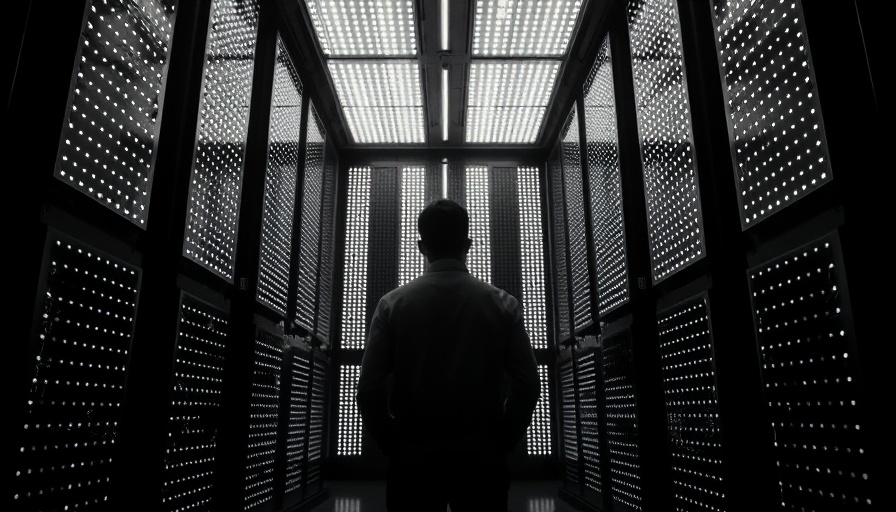 Contemplative man with LED panels, futuristic tech setting