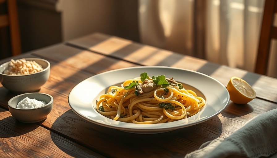 Light pasta dishes: Artichoke pasta with greens on a rustic table