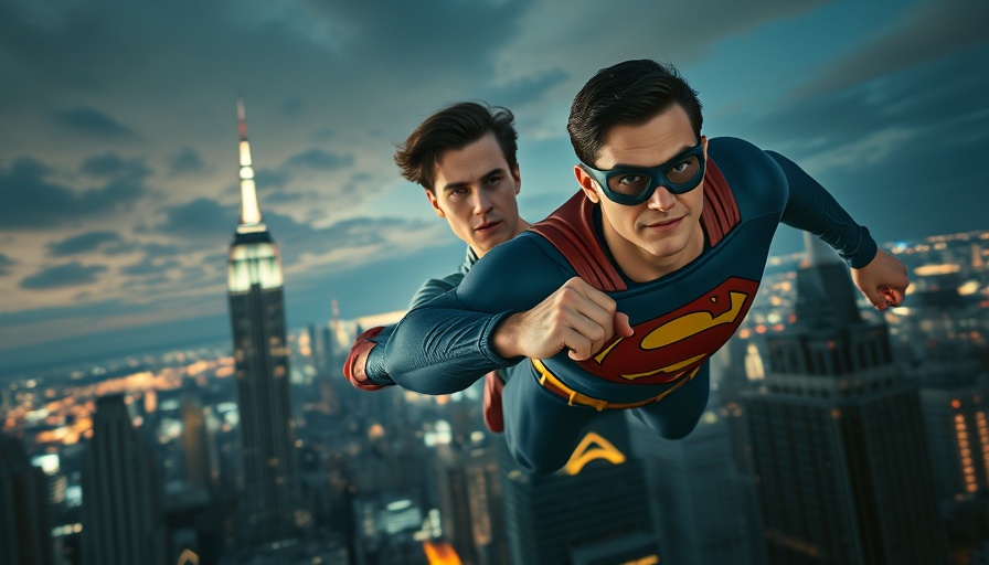 Flying superheroes over illuminated cityscape at night.