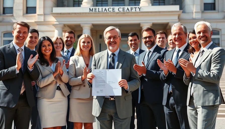Political leader displays signed document at celebratory gathering.
