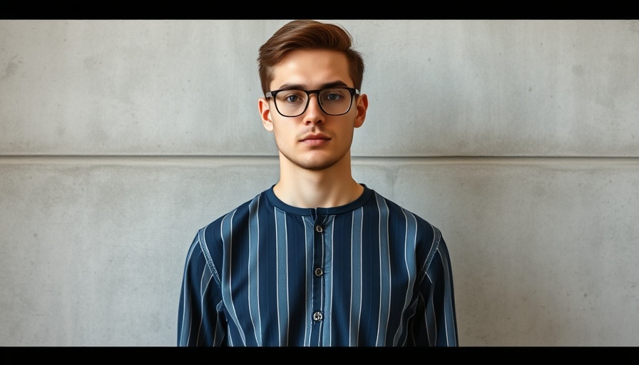 Young man in striped shirt standing against concrete wall.