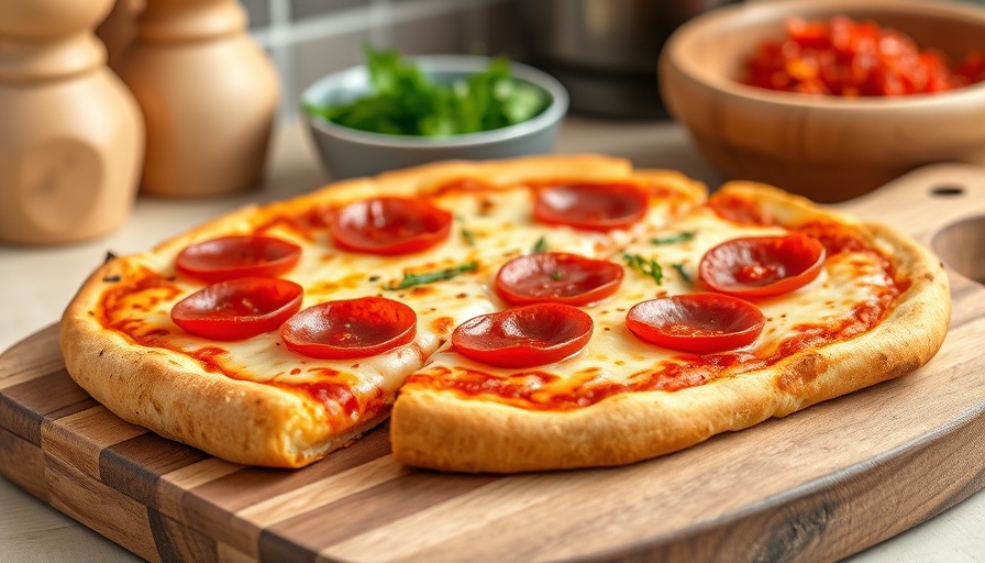 French bread pizza recipe with cheese and pepperoni on a wooden board.