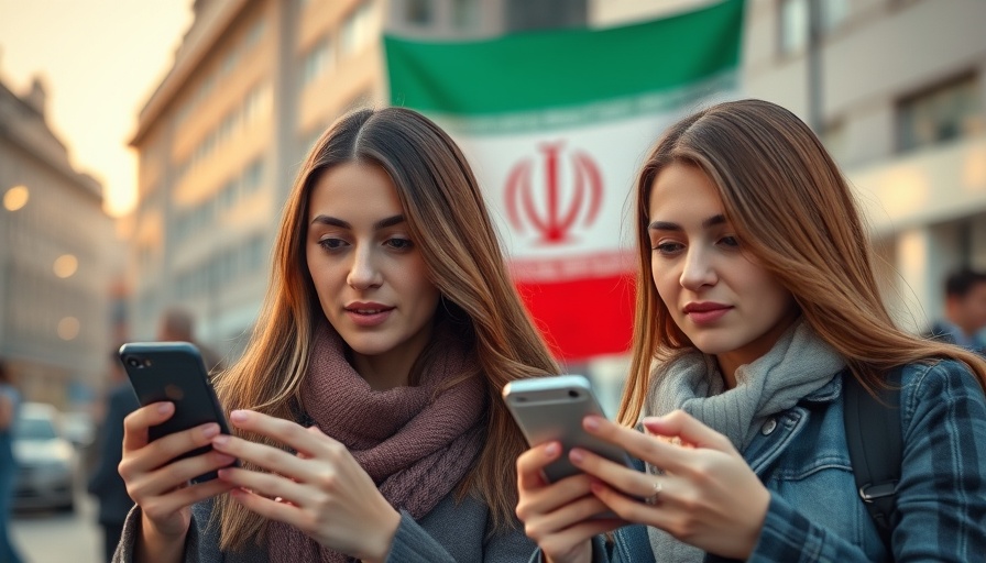 Women with phones by Iranian flag, urban street setting, iPhone spyware attacks.