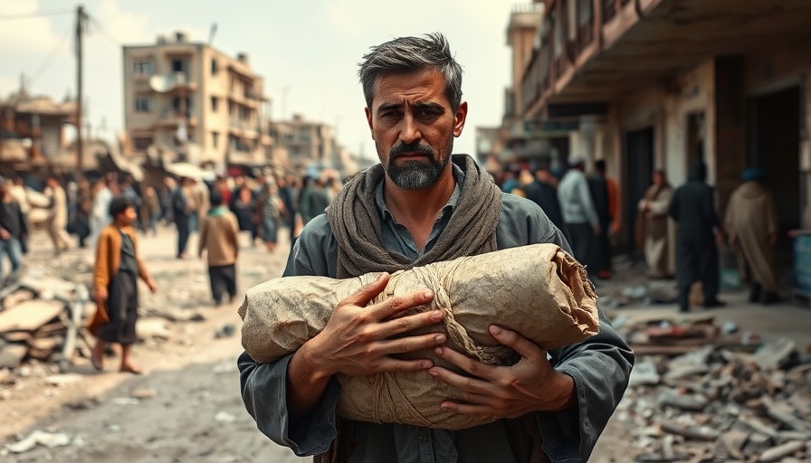 Man mourning amid Gaza starvation crisis in urban setting.