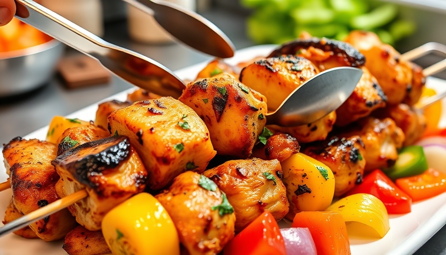 Juicy marinated grilled chicken kabobs with vegetables on platter