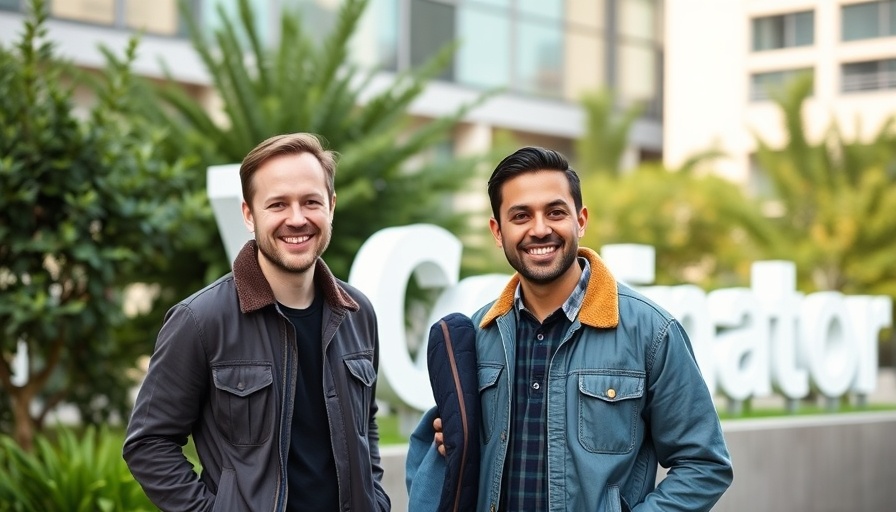 Two men smiling at Y Combinator, casual outdoor setting.