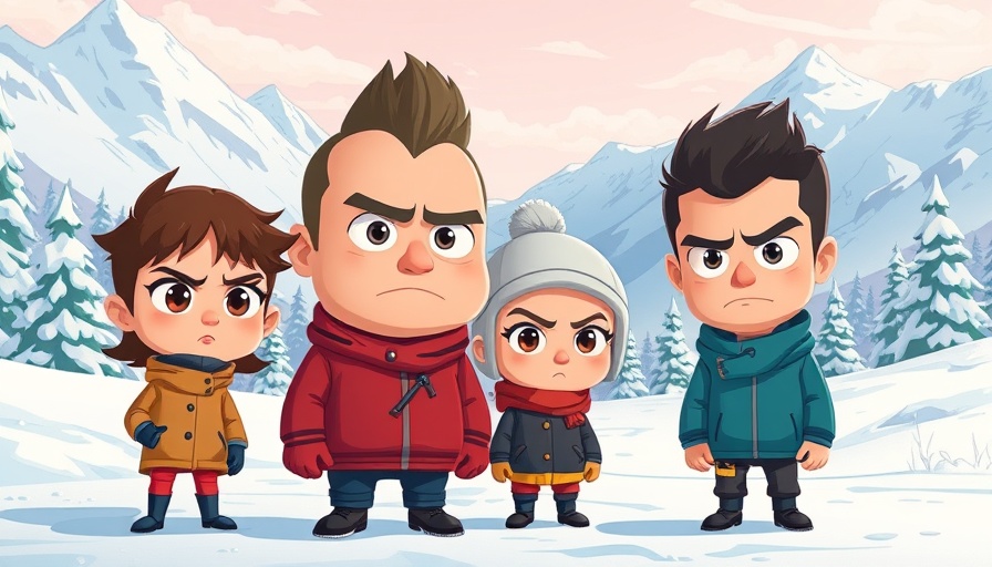 Four animated characters in snowy mountains, South Park controversy backdrop.