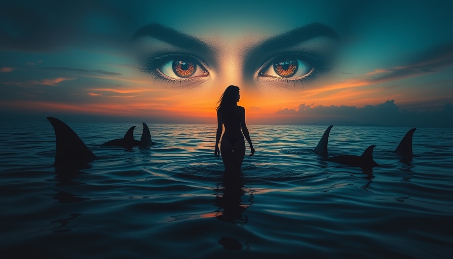 Surreal ocean scene with shark fins and mysterious eyes, Best Movie of the Year.
