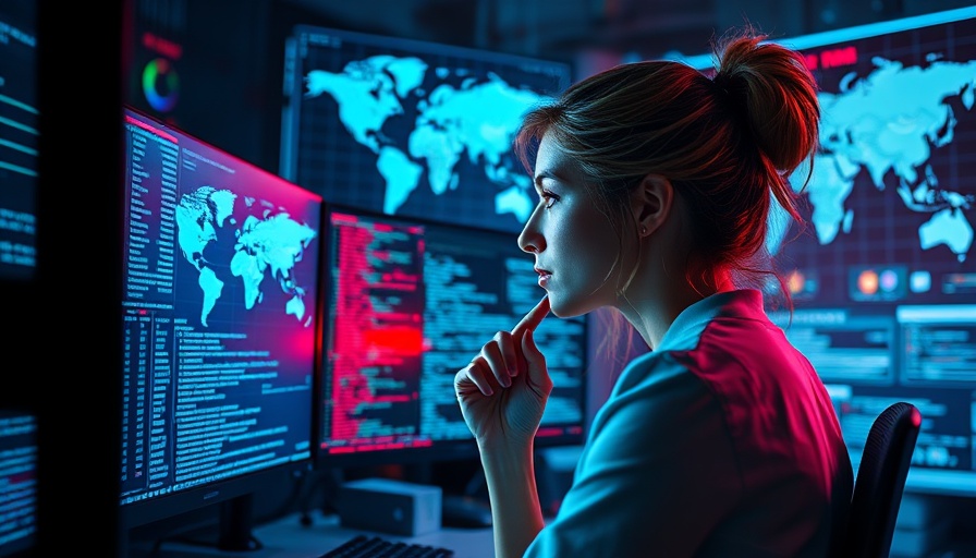 Reflective hacker examining ransomware statistics in high-tech room.