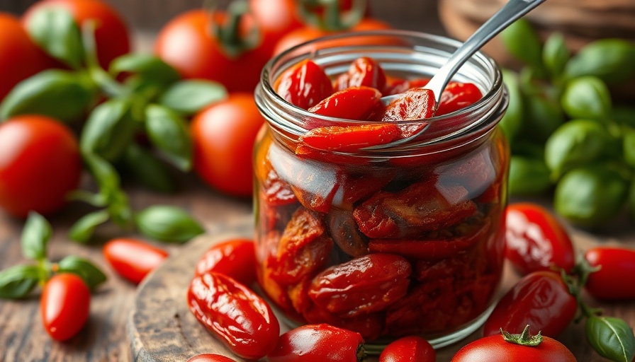 Homemade sun-dried tomatoes in a jar with spoon, fresh basil nearby.
