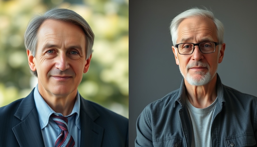 Two men in split-screen close-up, one outdoors in a suit, the other indoors casually dressed.