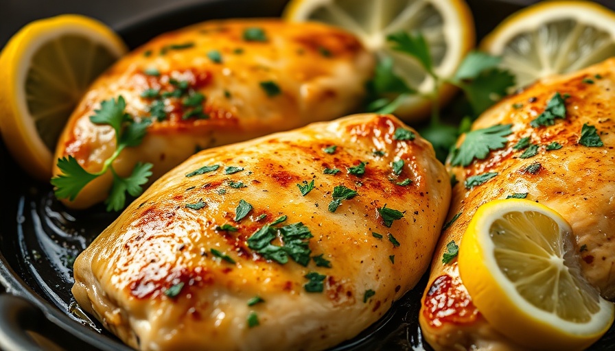 Quick and Easy Lemon Chicken sizzling in a skillet with lemon slices and herbs.