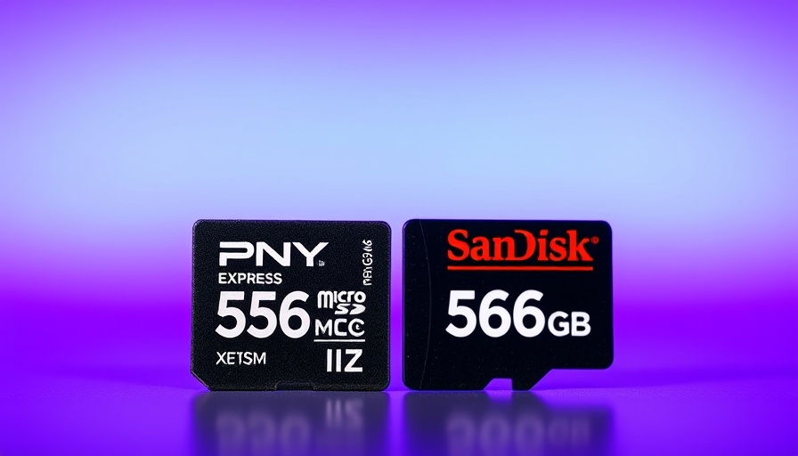 Close-up of PNY and SanDisk microSD Express cards on a colorful gradient.