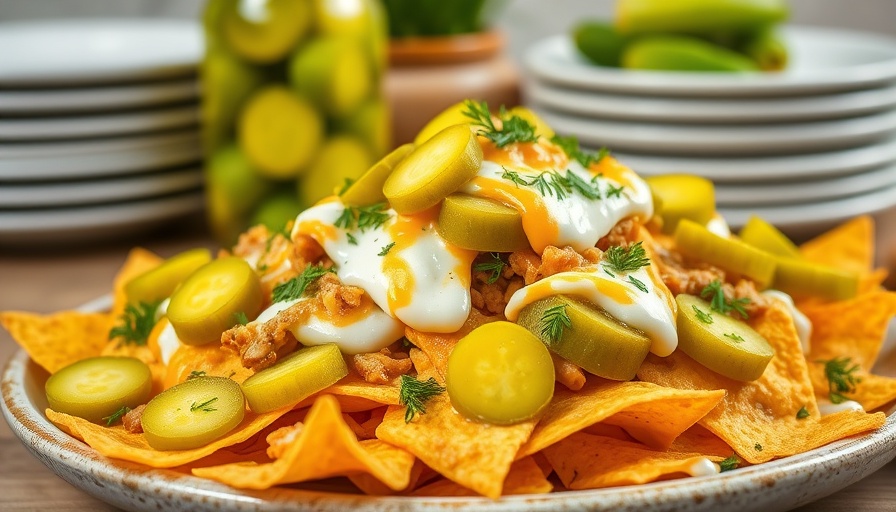 Tasty dill pickle nachos recipe with cheese and creamy sauce.