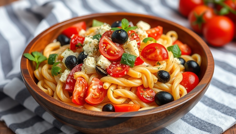 Delicious whipped feta Greek pasta salad with colorful veggies.