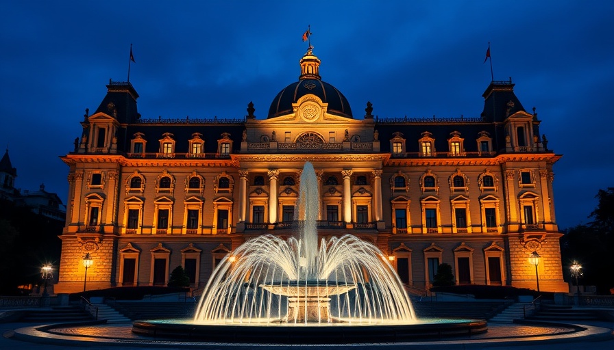 Illuminated iconic building at night with fountain in front.