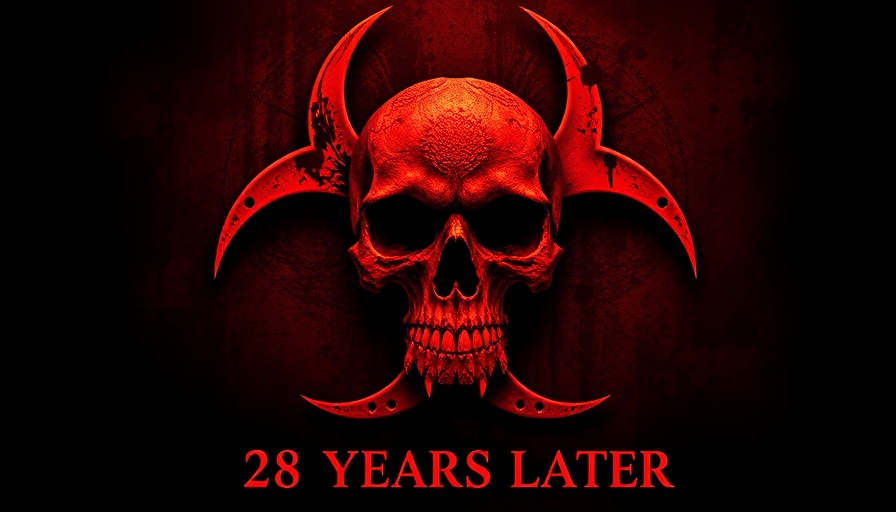 28 Years Later review imagery with red skull biohazard symbol.