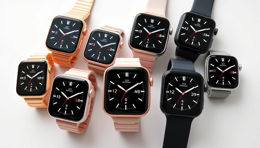Apple Watches displaying various faces highlighting obsolescence theme.