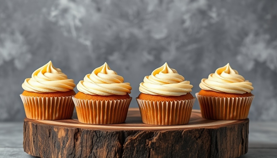 Cupcakes with brown butter frosting on rustic stand, photorealistic.