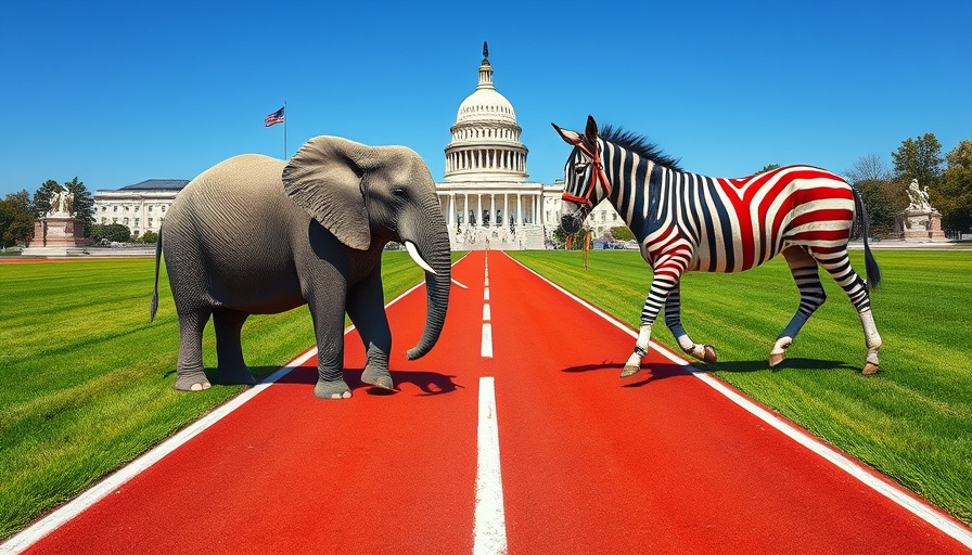 Democrats brand problems exploiting Trump's issues in surreal political race illustration.