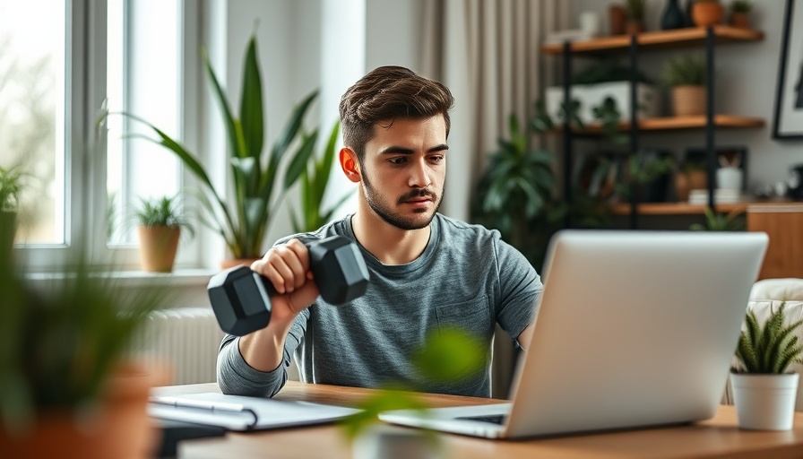 Solopreneur using a laptop while holding a dumbbell in a home office.