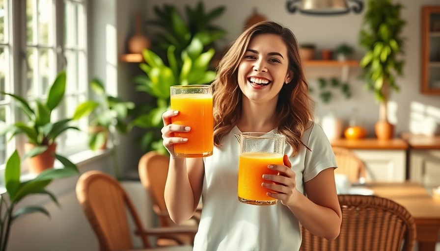 Rustic kitchen scene with woman holding orange juice, juicing recipes for energy.