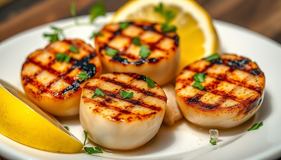 Grilled scallops recipe with herbs and lemon on plate.
