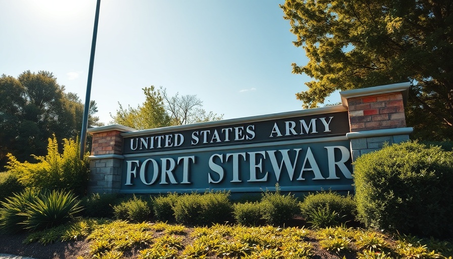 Fort Stewart entrance sign on a sunny day with greenery.
