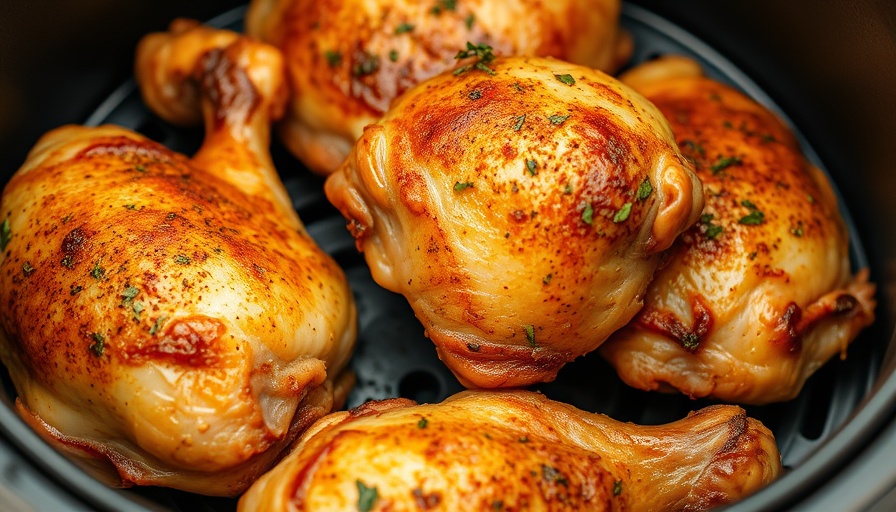 Crispy air fryer chicken thighs garnished with herbs.