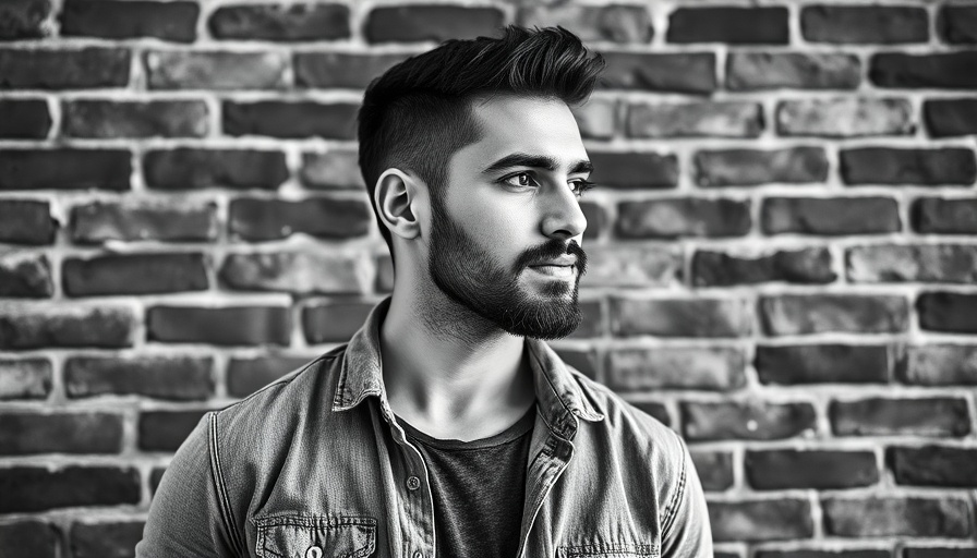 Confident man standing against a brick wall in monochrome.