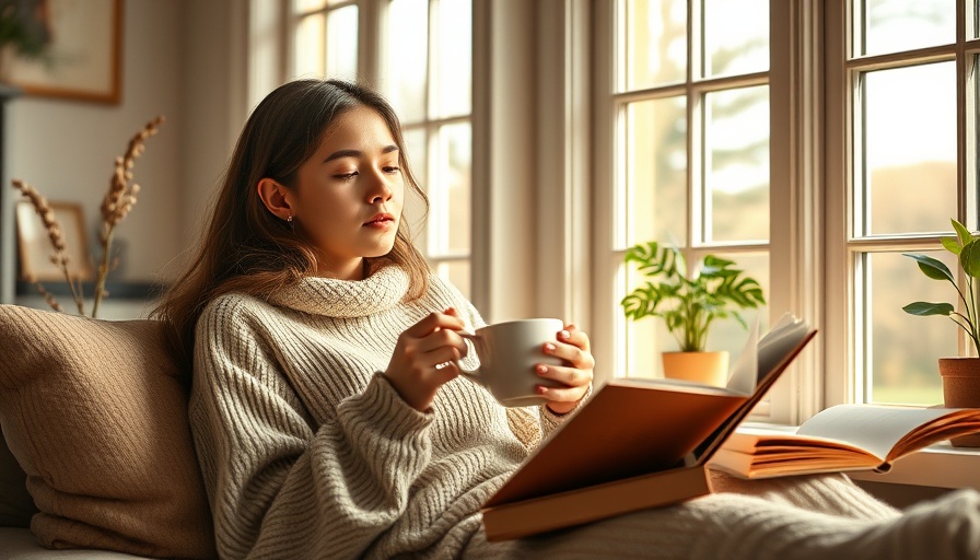 Young woman reading and sipping tea in cozy sunlit room.