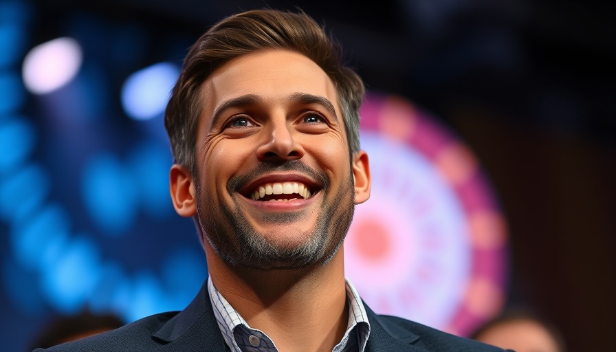 Confident man speaking at an event with abstract circular background.